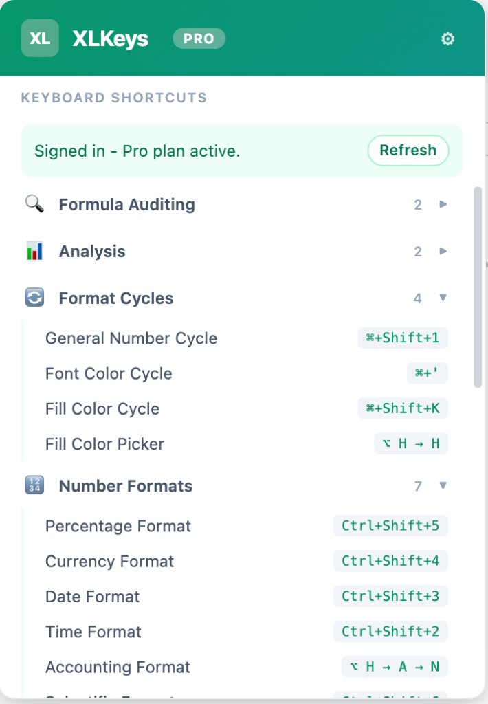 XLKeys formatting shortcuts shown in the Chrome extension popup