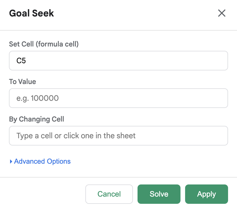 XLKeys Goal Seek modal with Set Cell, To Value, and By Changing Cell fields