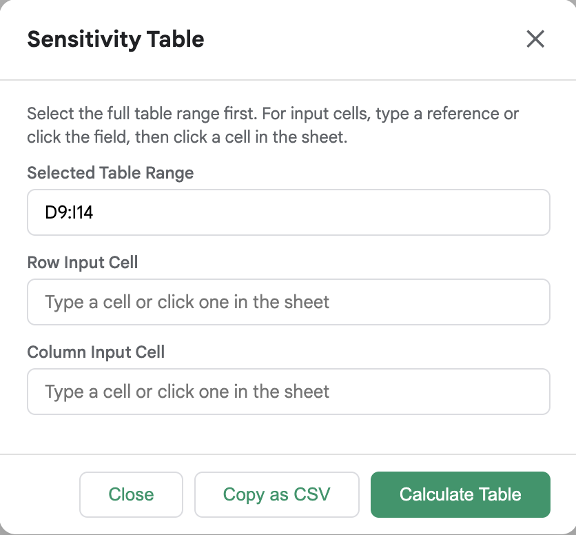 XLKeys Sensitivity Table modal with row and column input cell fields