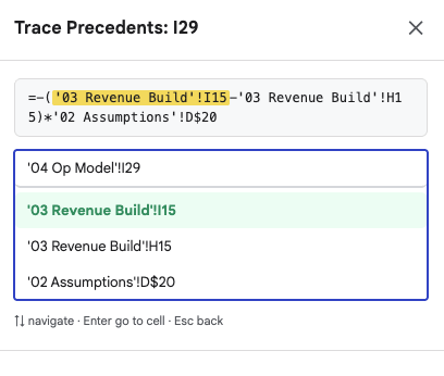 XLKeys Trace Precedents and Trace Dependents modals inside Google Sheets