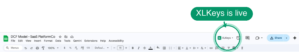 Google Sheets toolbar showing the XLKeys badge is active